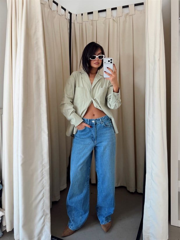 Paça Çift Pensli Boyfriend Jean - Mavi