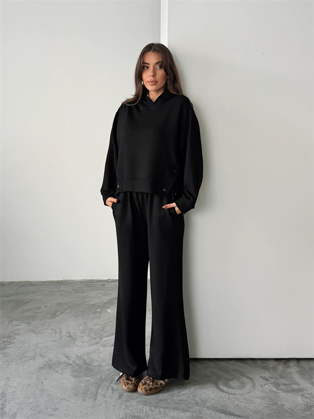 Çıt Çıt Detaylı Kapüşonlu Takım  - Siyah