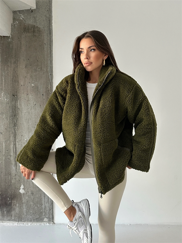 İç Astarlı Oversize Peluş Mont  - Haki Yeşil