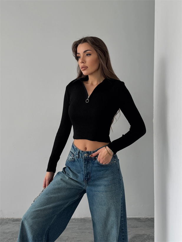 Yarım Fermuarlı Triko - Siyah