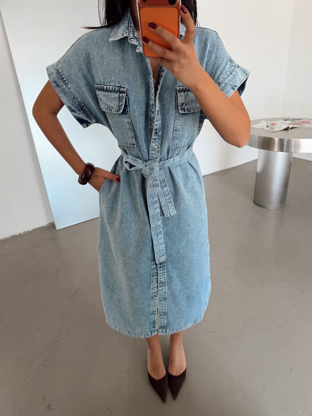 Bağlamalı Kısa Kol Denim Elbise - Buz Mavi