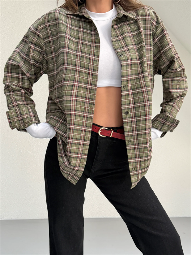 Kareli Oversize Gömlek - Haki