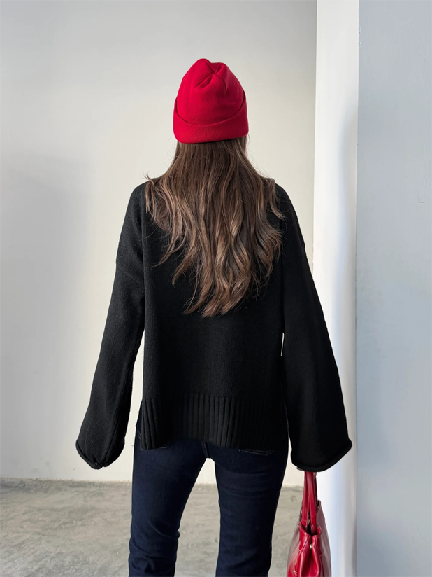 Yırtmaçlı Basic Triko  - Siyah