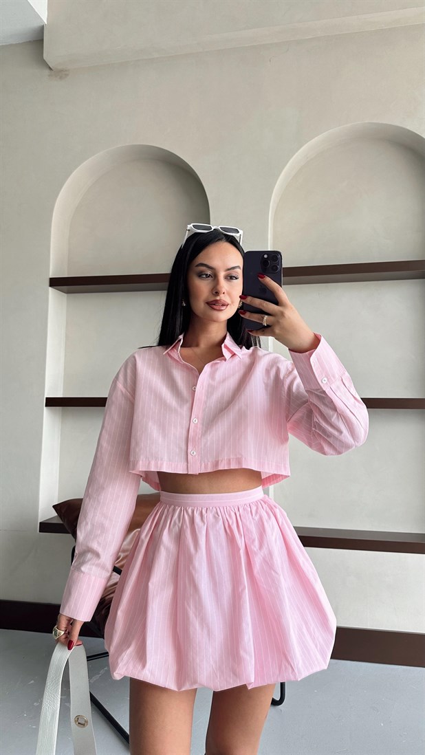 Çizgili Kısa Poplin Gömlek - Pembe