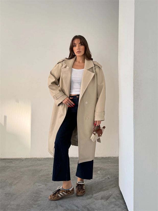 Apolet Detaylı Deri Trençkot - Taş