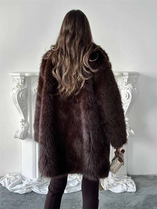 Premium Yakalı Uzun Kürk - Acı kahve