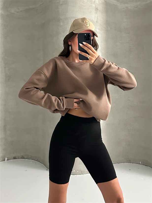 Düz Basic Sweatshırt - Kahve