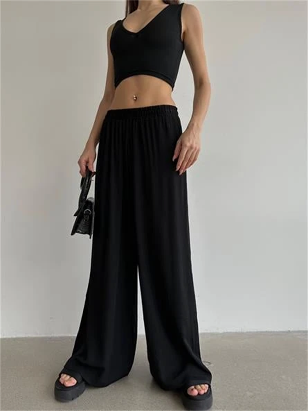 Bel Lastik Tiril Palazzo Pantolon Siyah - Siyah