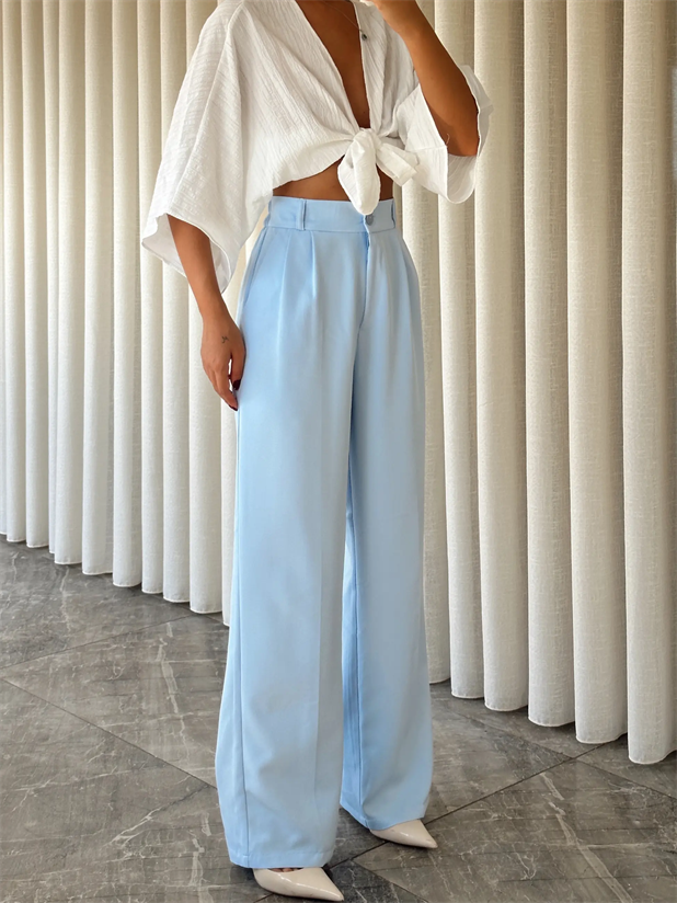 Bel Lastik Palazzo Pantolon - Bebe Mavi