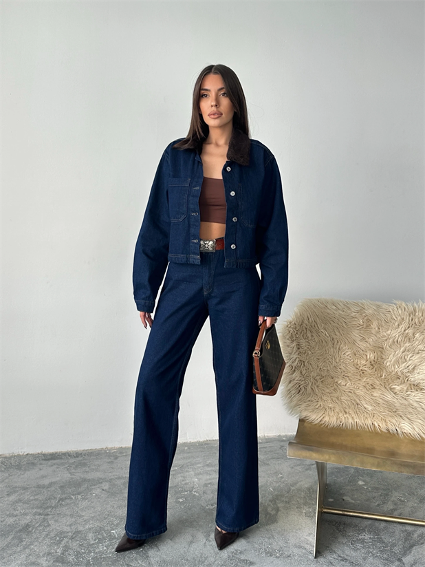 Yakası Kürklü Denim Takım - Mavi