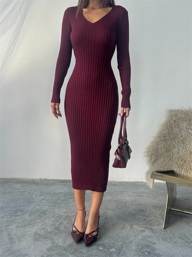 Bel Bağlama Triko Elbise - Bordo