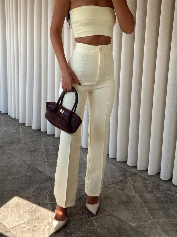 Ön Dikiş Boru Paça Kumaş Pantolon - Limon Sarısı