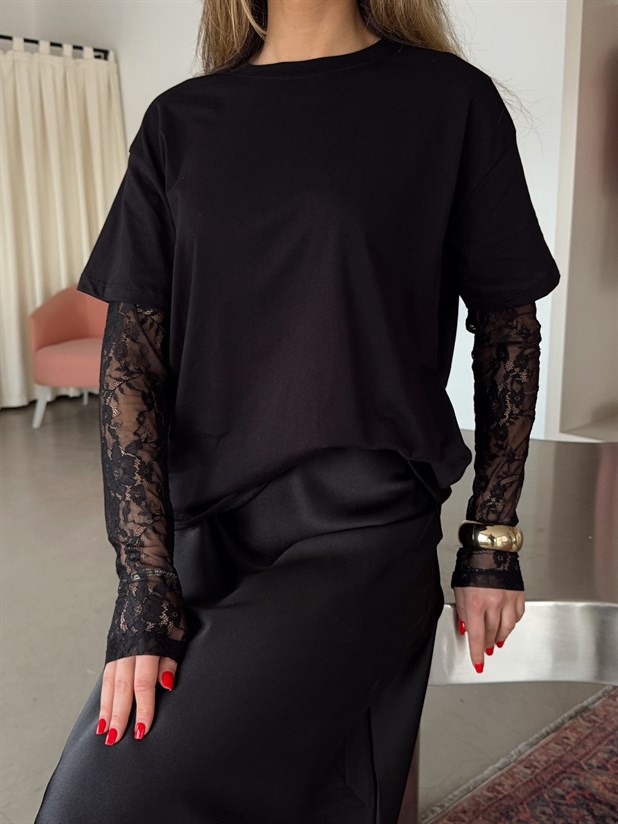 Dantel Kollu Basic T-shirt - Siyah