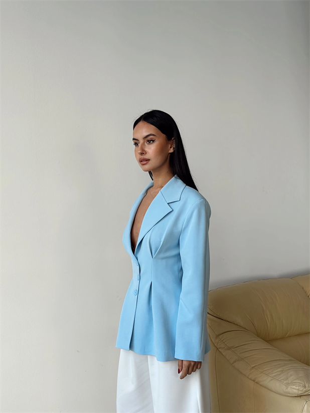 Pile Detay Oturtmalı Blazer Ceket  - Mavi