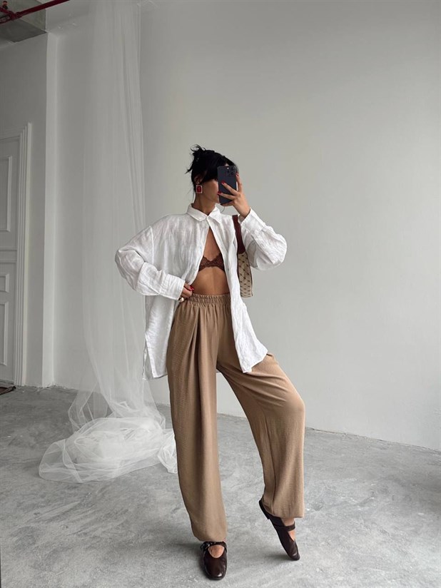 Beli Lastikli Şalvar Pantolon - Vizon