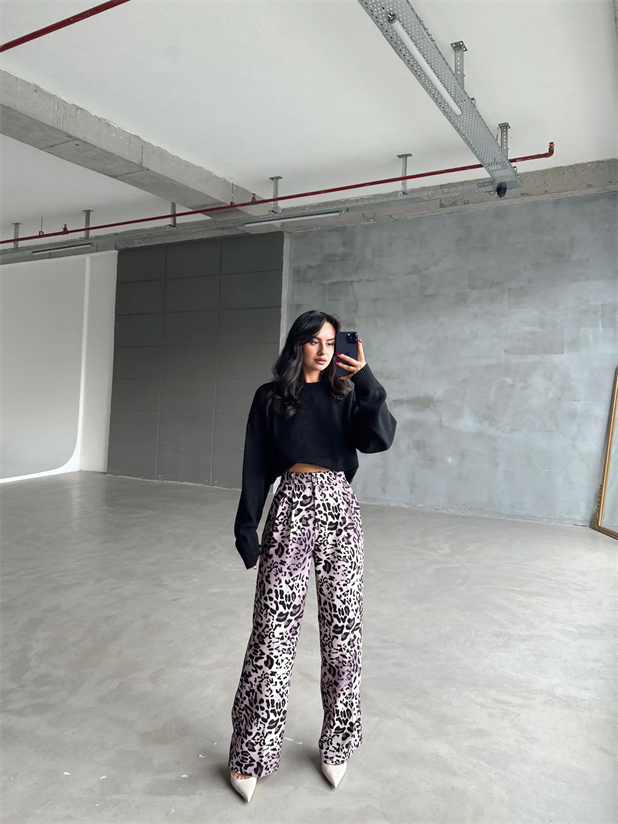 Animal Desen Palazzo Pantolon - Pembe Leopar