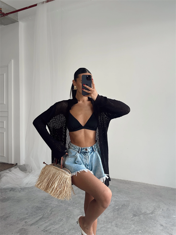 Beyli Ajur Polo Yaka Hırka Siyah - Siyah