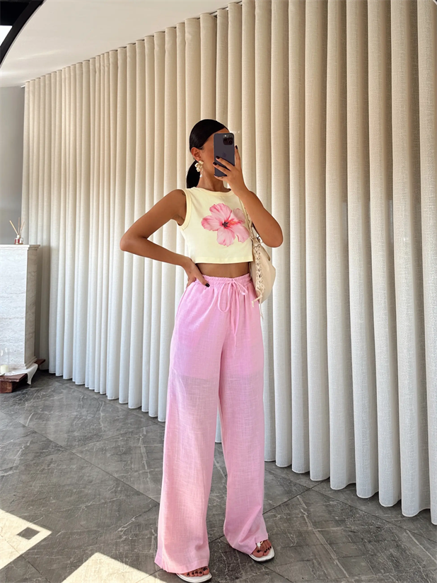 Bol Paça Keten Pantolon - Pembe