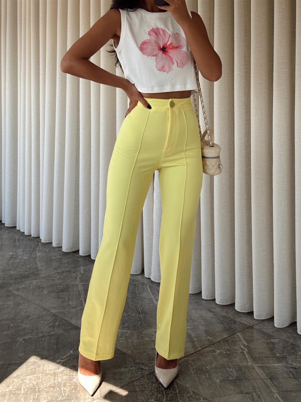Ön Dikiş Boru Paça Kumaş Pantolon - Sarı