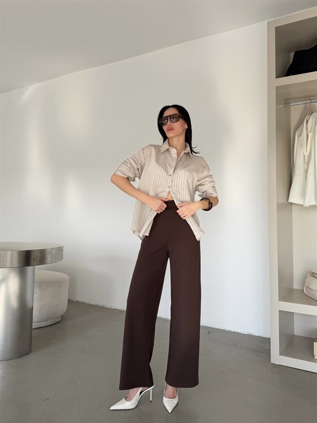 Çizgili Kol Manşet Detaylı Gömlek - Bej