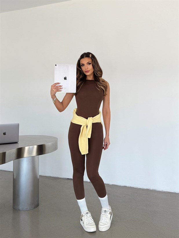 Sırt Detaylı Tayt Tulum - Kahve