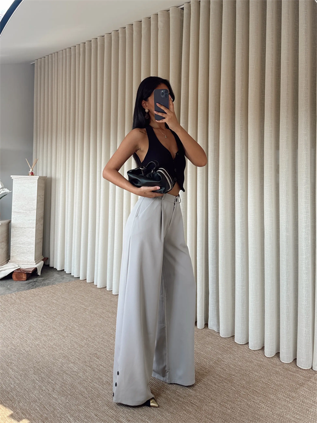 Paçası Düğmeli Palazzo - Gri