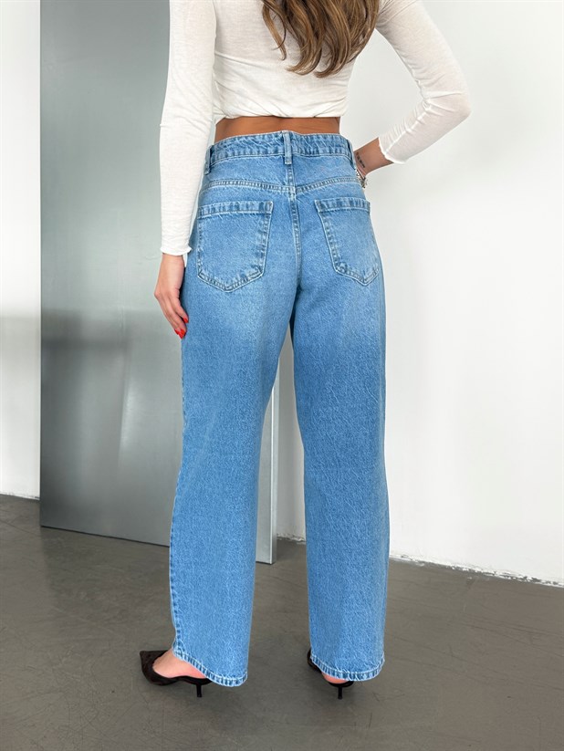 Paça Çift Pensli Boyfriend Jean - Mavi