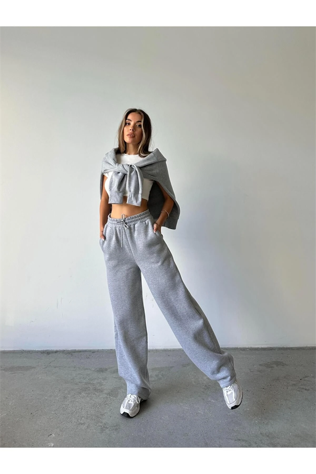 Üç İplik Şardonlu Palazzo Eşofman Gri Melanj - Gri