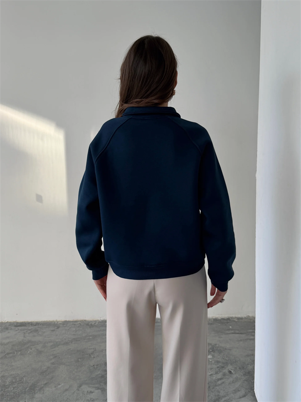 Polo Yaka Düğmeli Sweatshirt - Lacivert