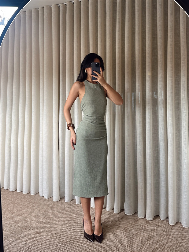 Sırt Dekolte Elbise - Haki