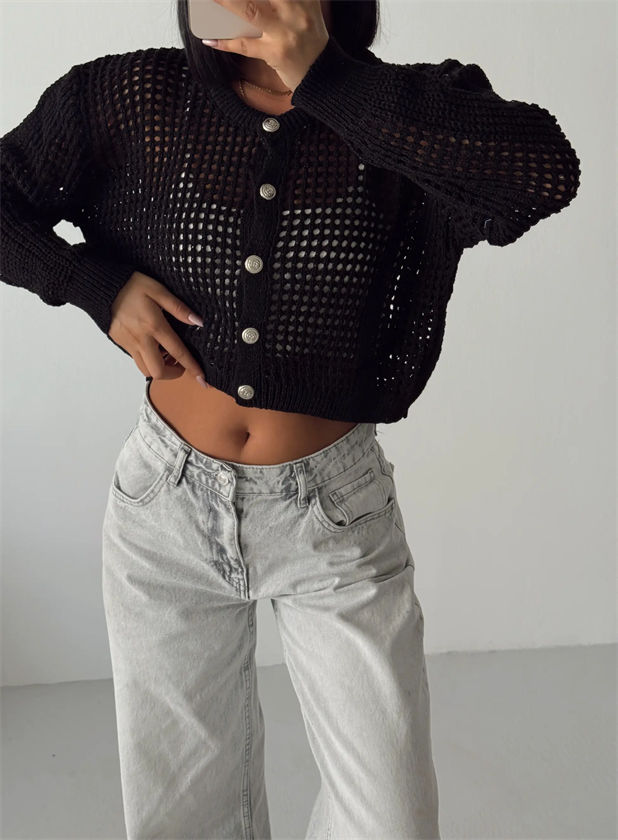 Simli Crop Hırka  - Siyah