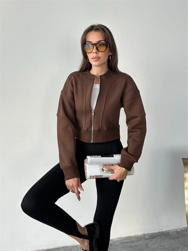 Bisiklet Yaka Fermuarlı Hırka - Kahve