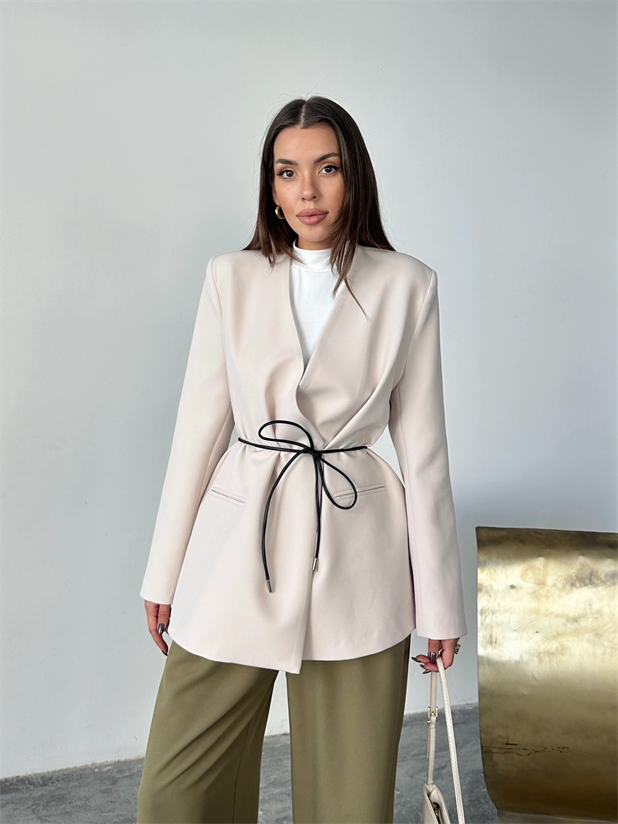 Deri Kemerli Blazer Ceket - Taş