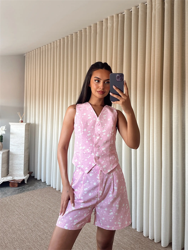 Desenli Şort-Yelek Takım  - Pembe