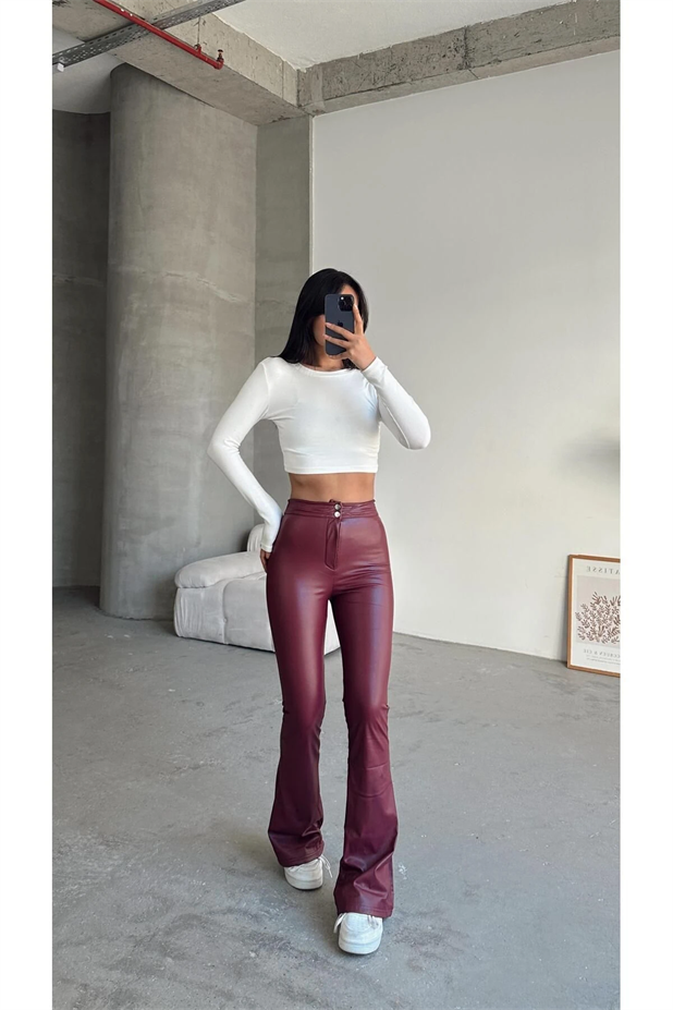 Çift Düğme Deri İspanyol Paça Pantolon Bordo - Bordo