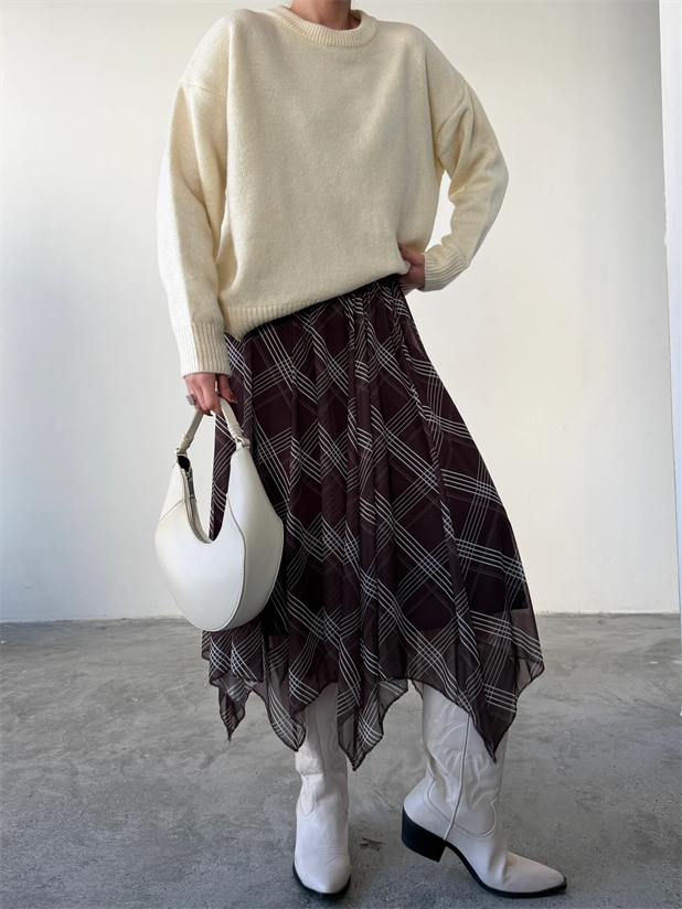 Beli Lastikli Asimetrik Şifon Etek - Geometrik