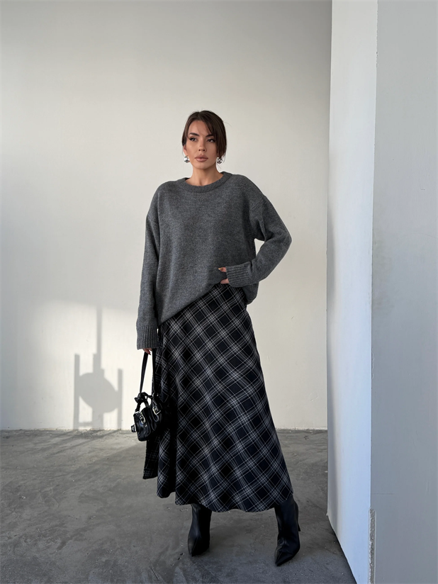 Kloş Ekoseli Etek - Siyah