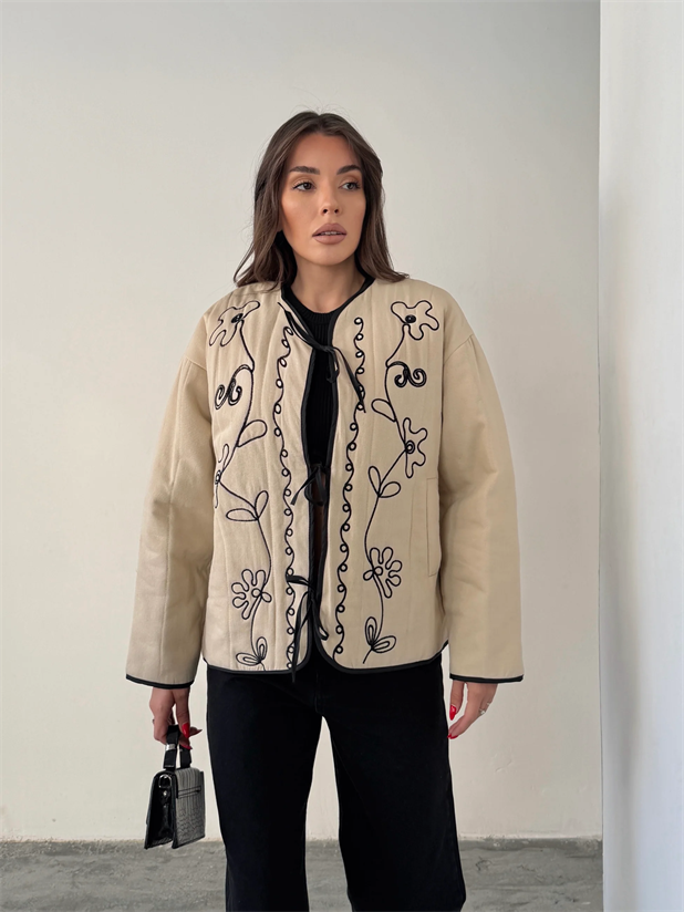 Nakış Detaylı Bağlamalı Etnik Ceket - Ekru