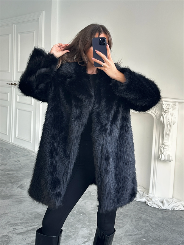 Premium Yakalı Uzun Kürk - Siyah