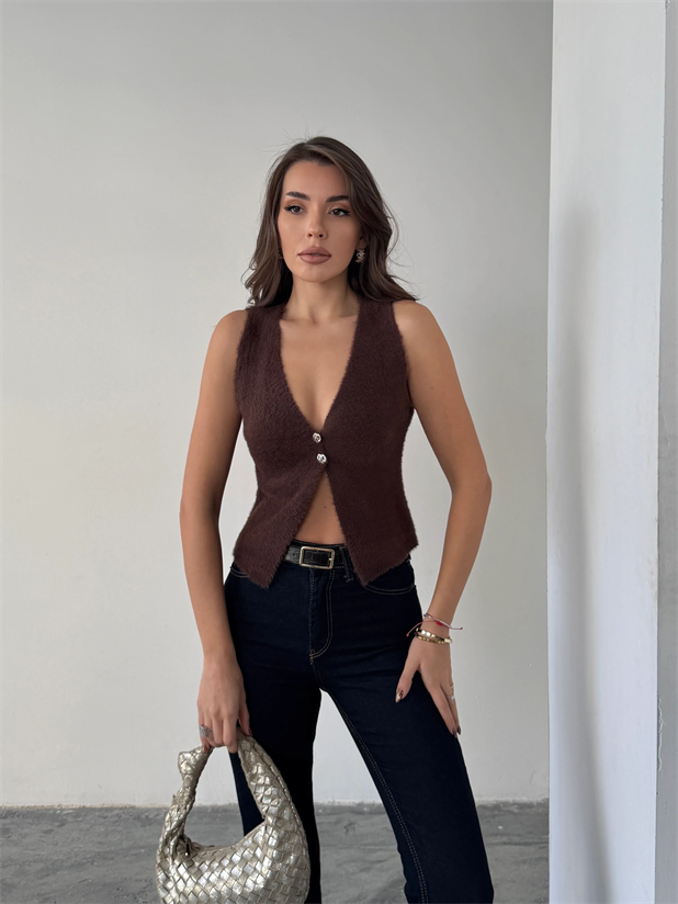 İki Düğmeli Yumoş Yelek - Kahve