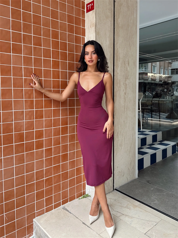 Askılı Dalgıç Kumaş Elbise - Mürdüm