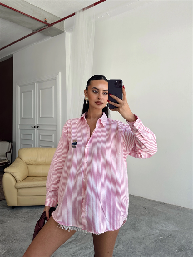 Bear Nakışlı Çizgili Gömlek - Pembe