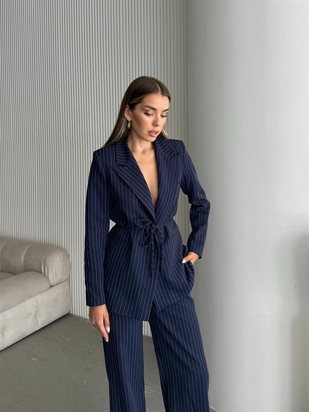 Bel Bağlama Line Blazer Ceket - Lacivert