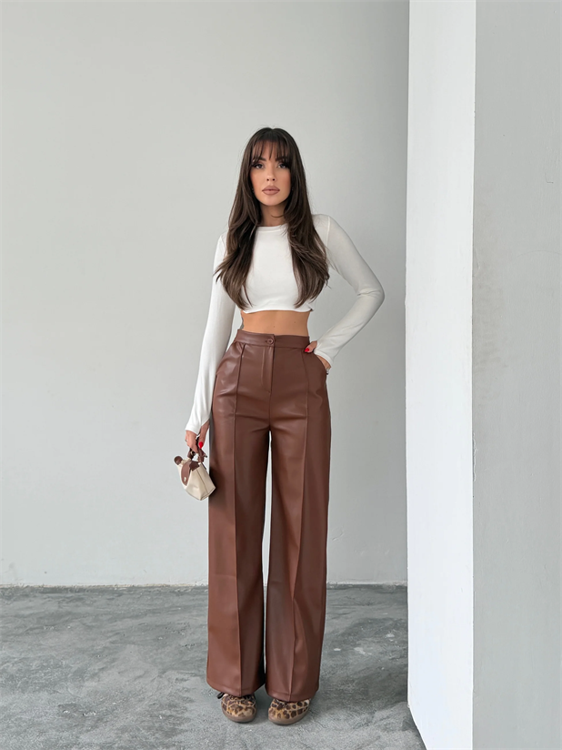 Çımalı Deri Palazzo Pantolon  - Taba