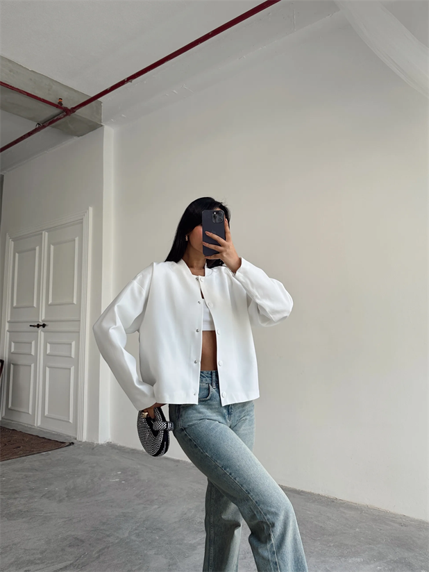 Yaka Ribana Cıt Cıt Detay Ceket Beyaz - Beyaz