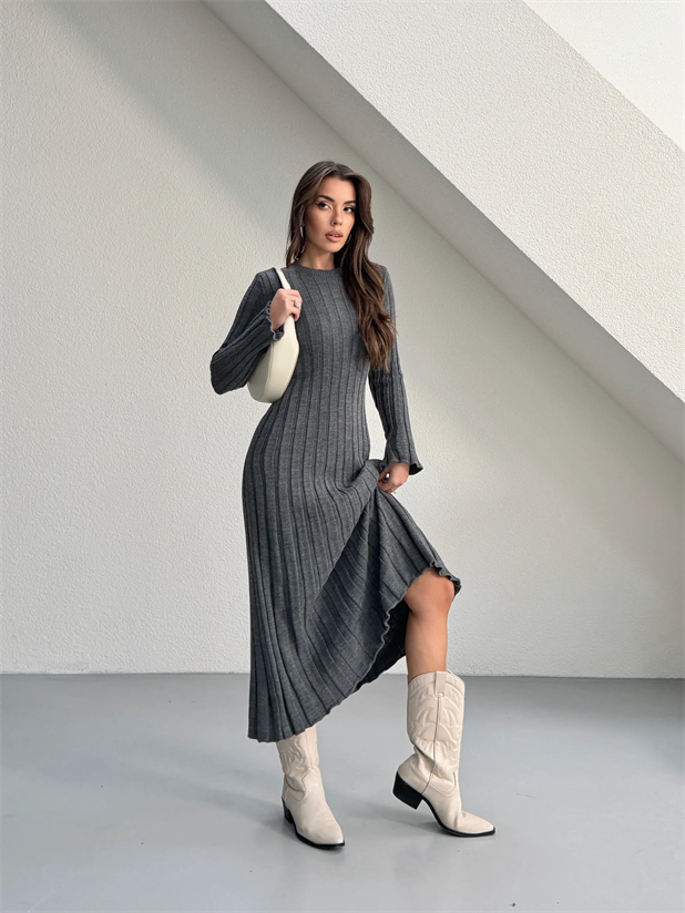 Bağlamalı Fitilli Triko Elbise - Antrasit