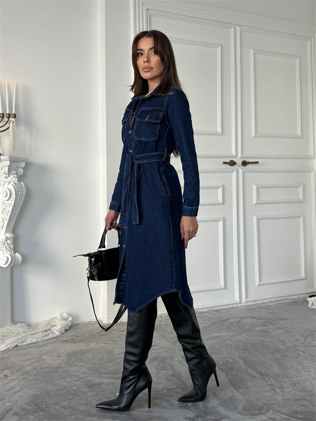 Kuşaklı Denim Elbise - Lacivert