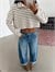 Polo Yaka Çizgili Crop Sweat - Mavi