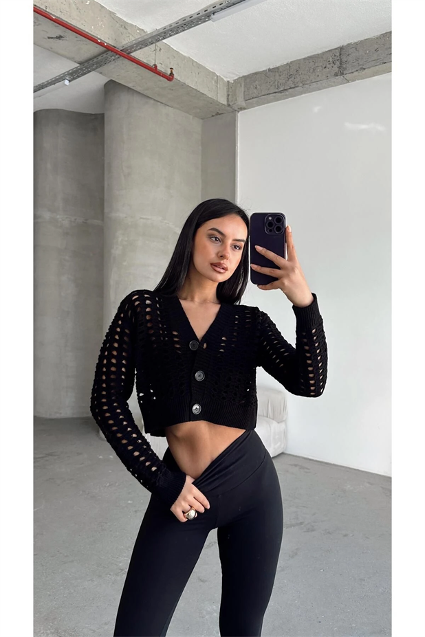 Delik Detaylı Crop Hırka Siyah - Siyah