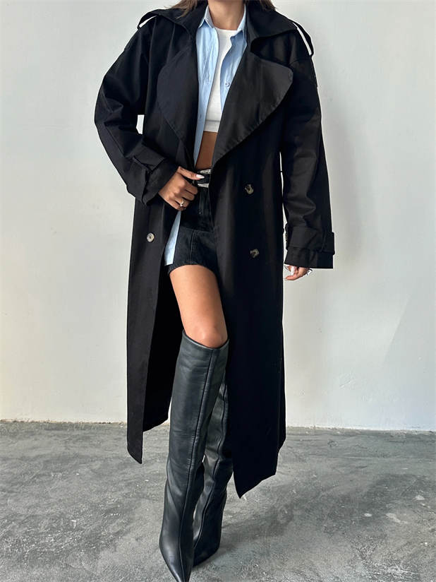 Kemerli Trençkot Siyah - Siyah